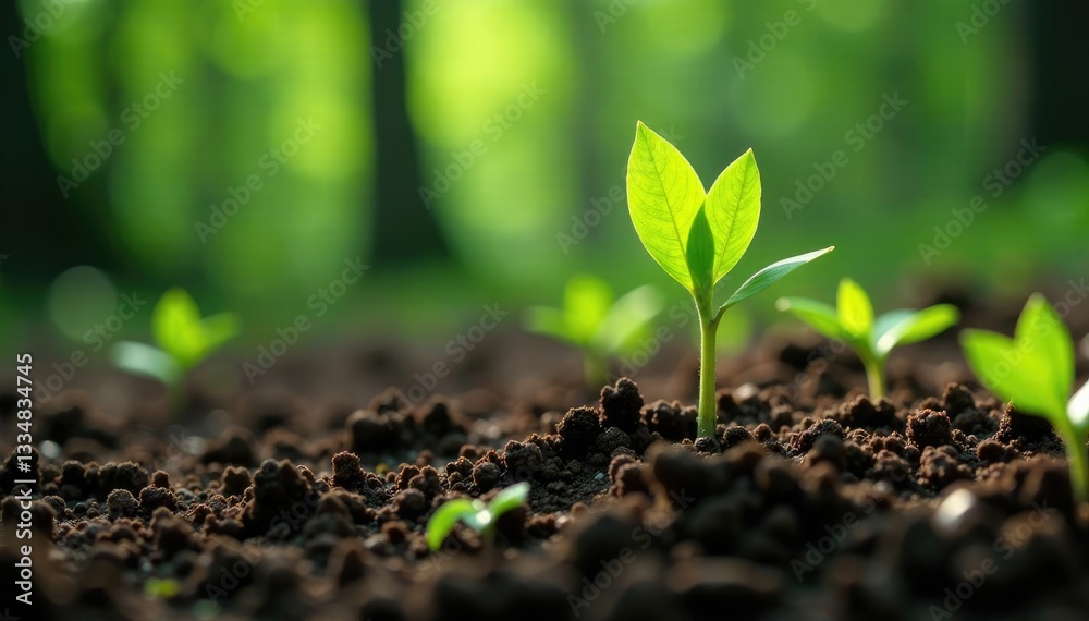 Fototapeta premium Sprouting plant shoots emerging from forest soil, woodland, leafy