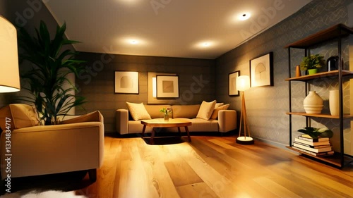 Building up of modern living room interior. Furnishing process. Interior repair animation. Professional 4K 3d rendering.