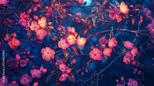 Wallpaper Mural Vibrant Pink Flowers on Branches at Night Torontodigital.ca