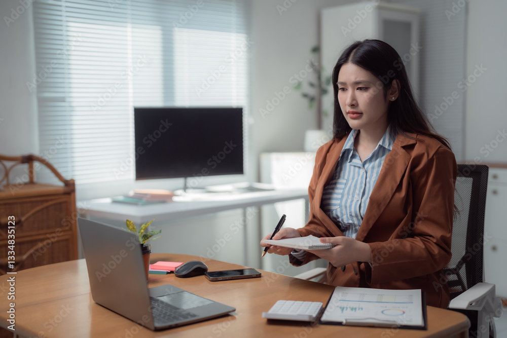 Asian businesswoman working from home taking notes while looking at laptop and concentrating on her work sitting at her desk in her home office Asian businesswoman working from home taking notes while looking at laptop and concentrating on her work sitting at her desk in her home office