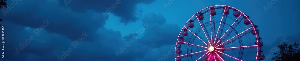 Fototapeta premium Ferris wheel at dusk with blue background and lights turning on slowly,, atmospheric