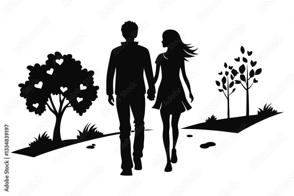 teen romantic couple walking line art silhouette vector illustration teen romantic couple walking line art silhouette vector illustration