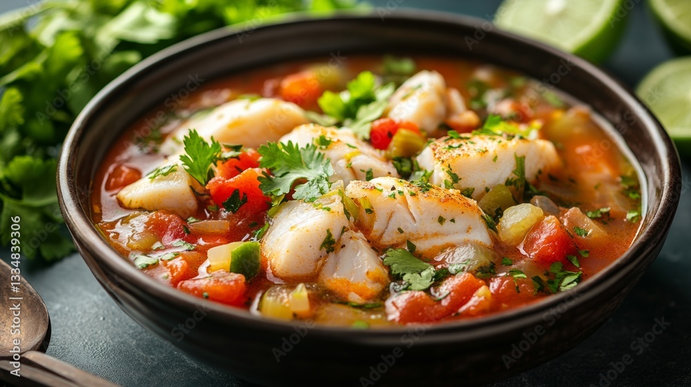 Fresh fish stew with vibrant vegetables and herbs in a rustic bowl on a wooden table Fresh fish stew with vibrant vegetables and herbs in a rustic bowl on a wooden table