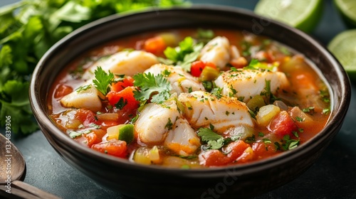 Fresh fish stew with vibrant vegetables and herbs in a rustic bowl on a wooden table