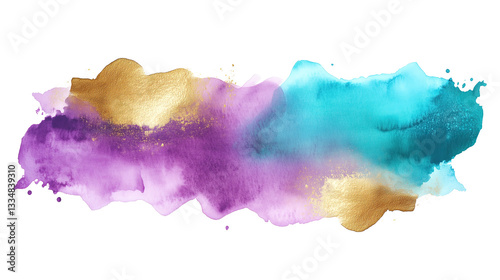 one single teal, purple and golden watercolor aquarelle abstract splash stain isolated on white or transparent background