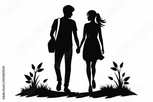 teen romantic couple walking line art silhouette vector illustration