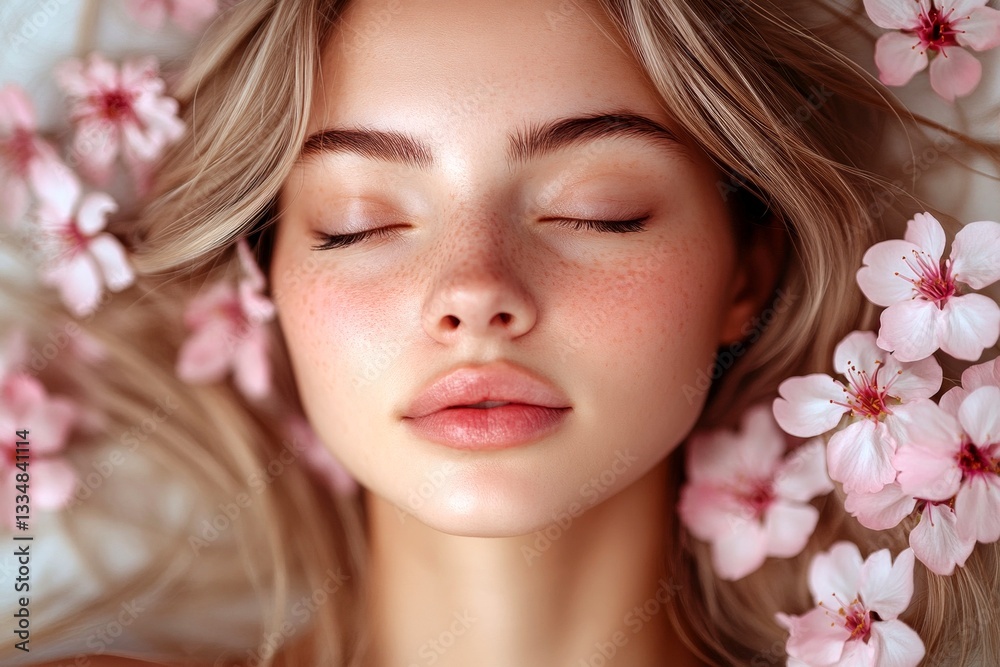Spring mood, golden hour in sunset. Stunning caucasian young woman surrounded by cherry blossoms. Commercial digital ads visual idea art. Bright woman in blooming spring garden. Spring mood, golden hour in sunset. Stunning caucasian young woman surrounded by cherry blossoms. Commercial digital ads visual idea art. Bright woman in blooming spring garden.