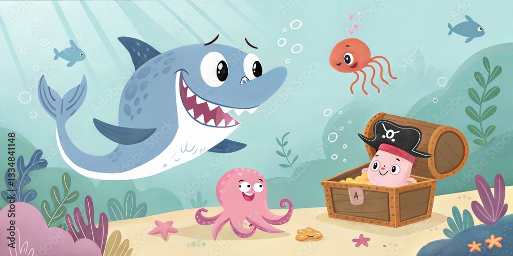 Naklejka premium Underwater treasure hunt adventure with friendly sea creatures ocean floor animated scene colorful environment playful viewpoint fun concept for kids