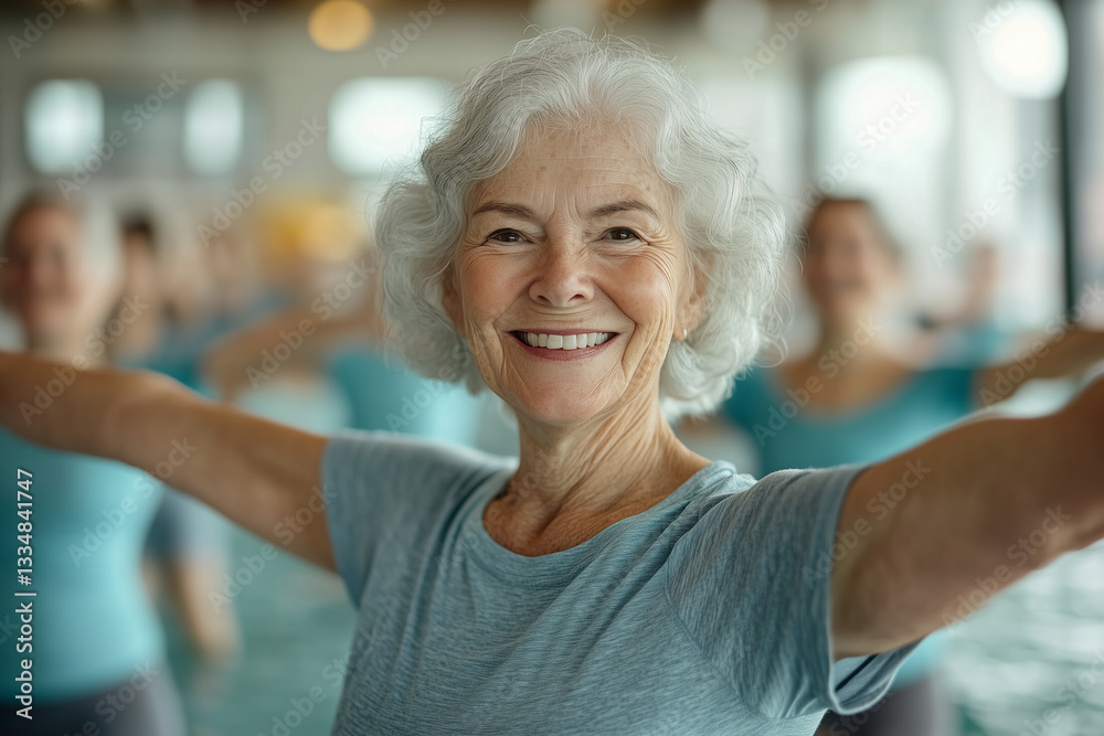 Obraz premium Active older adult enjoying water exercise class, smiling with joy. atmosphere is vibrant and supportive, showcasing community of individuals engaged in fitness