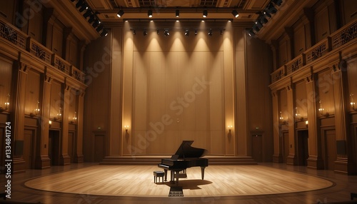 Grand Piano Standing on Stage in Empty Concert Hall with Spotlights