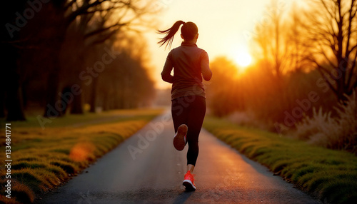 A Woman Finds Peace And Strength In Her Evening Run, A Vibrant Sunset Painting The Path Ahead With Warm Golden Light And A Blurred, Tranquil Park Backdrop