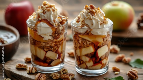 Wallpaper Mural Delicious dessert featuring layers of apples, whipped cream, and nuts on a rustic wooden table Torontodigital.ca