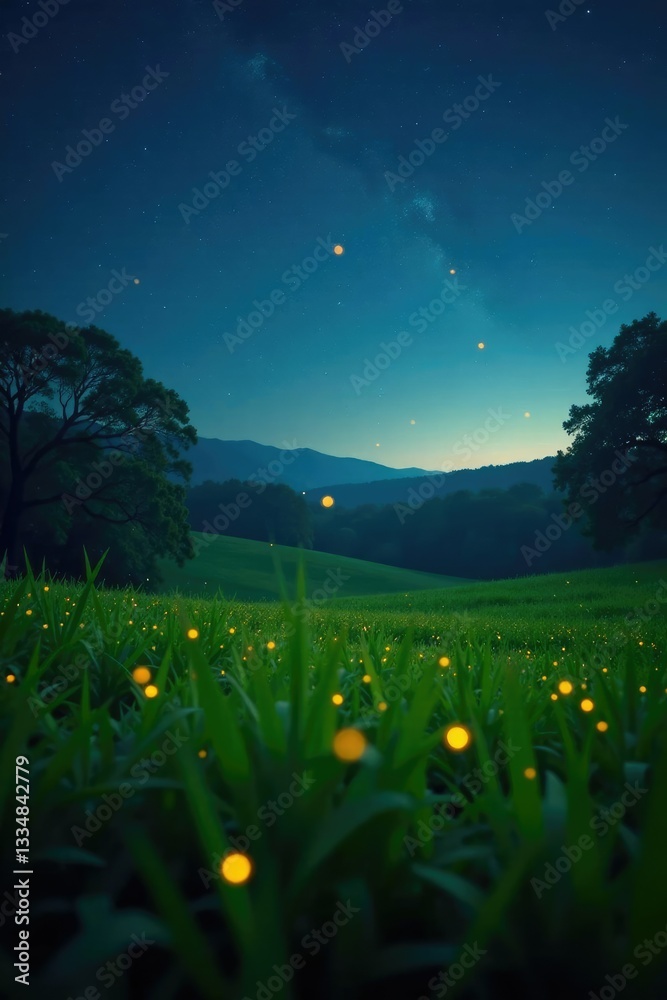 Obraz premium glowing fireflies in a lush green meadow under starry sky, fireflies, landscape