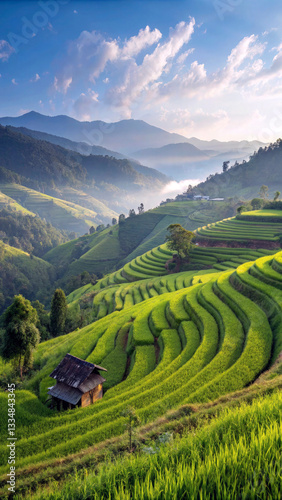 Lush Rice Terraces in Southeast Asia - A breathtaking view of terraced rice fields carved into rolling green hills. The landscape is illuminated by soft morning light