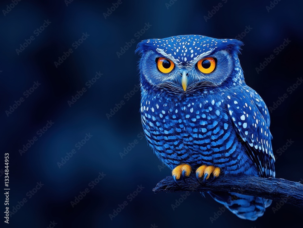 Fototapeta premium Striking blue owl perched on a branch with vibrant orange eyes in twilight