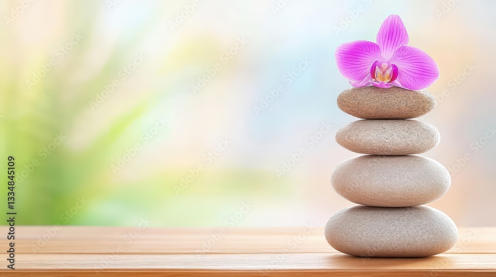 A serene stack of smooth stones topped with a vibrant orchid, creating a peaceful and calming aesthetic against a soft, blurred background. A serene stack of smooth stones topped with a vibrant orchid, creating a peaceful and calming aesthetic against a soft, blurred background.