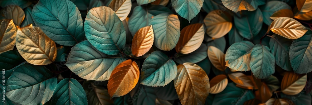 custom made wallpaper toronto digitalIntricate patterns of nature displayed in a close-up view of textured green and golden leaves, showcasing delicate veins and soft, natural lighting