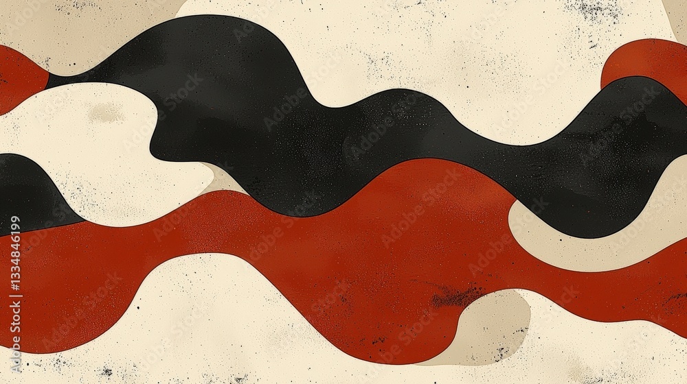 Obraz premium Abstract design featuring flowing waves in red, black, and cream colors on textured background