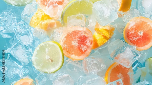 Refreshing Citrus Fruit Slices in Melting Ice on Blue Background