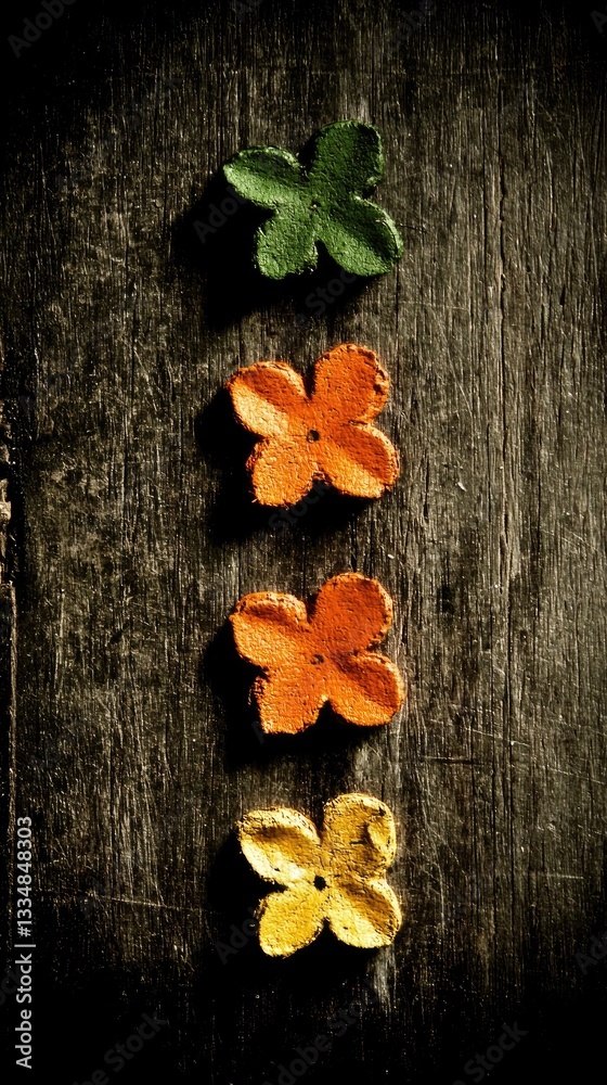 Fototapeta premium Colorful paper flower buttons lined up on rustic wood for a handmade, artsy touch
