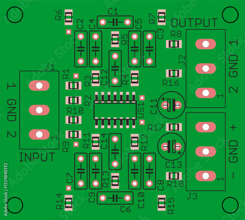 Placement of components of radio elements (contact
pads and seats) on printed circuit
board of electronic device.
Vector engineering 
drawing of pcb. Electric background. 
Computer technic cad design.