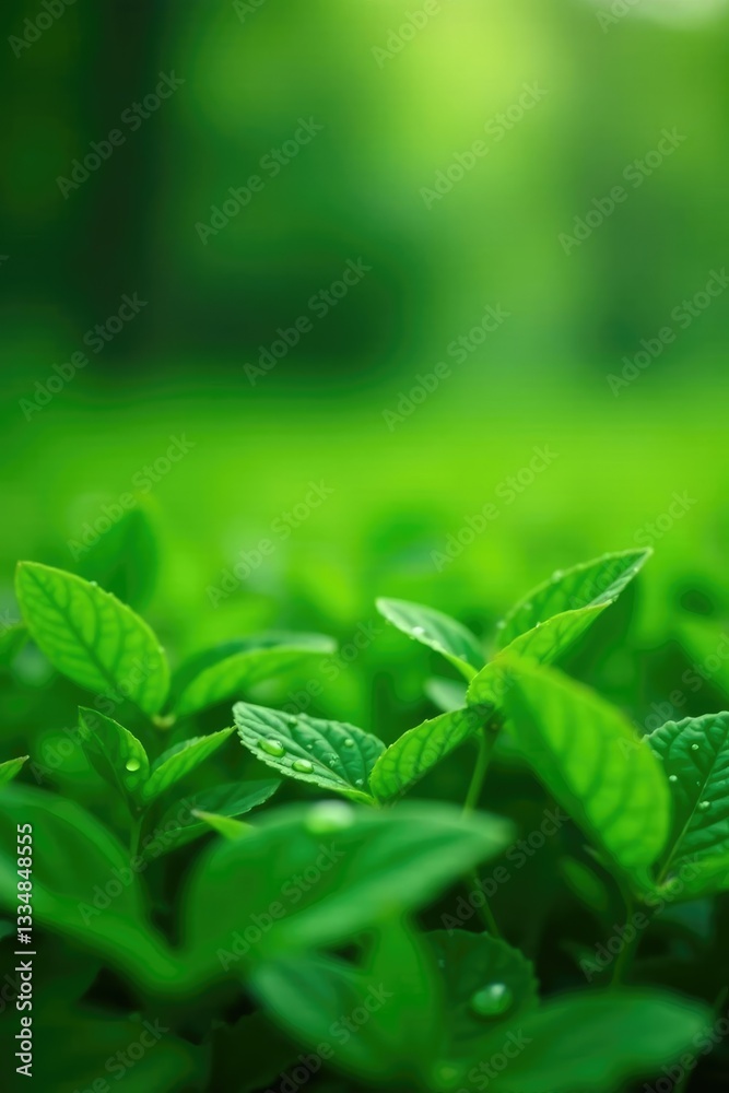 Water droplets and lush green leaves in a meadow environment, hydration, foliage Water droplets and lush green leaves in a meadow environment, hydration, foliage