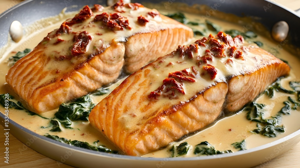 Pan-Seared Salmon with Creamy Sun-Dried Tomato Sauce and Spinach Pan-Seared Salmon with Creamy Sun-Dried Tomato Sauce and Spinach