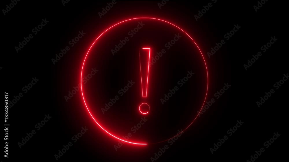 Neon glowing exclamation mark symbol icon animation with purple neon circle. Black background 4K animation video .Neon circle warning sign icon animation. Neon warning icon on black background. Neon glowing exclamation mark symbol icon animation with purple neon circle. Black background 4K animation video .Neon circle warning sign icon animation. Neon warning icon on black background.