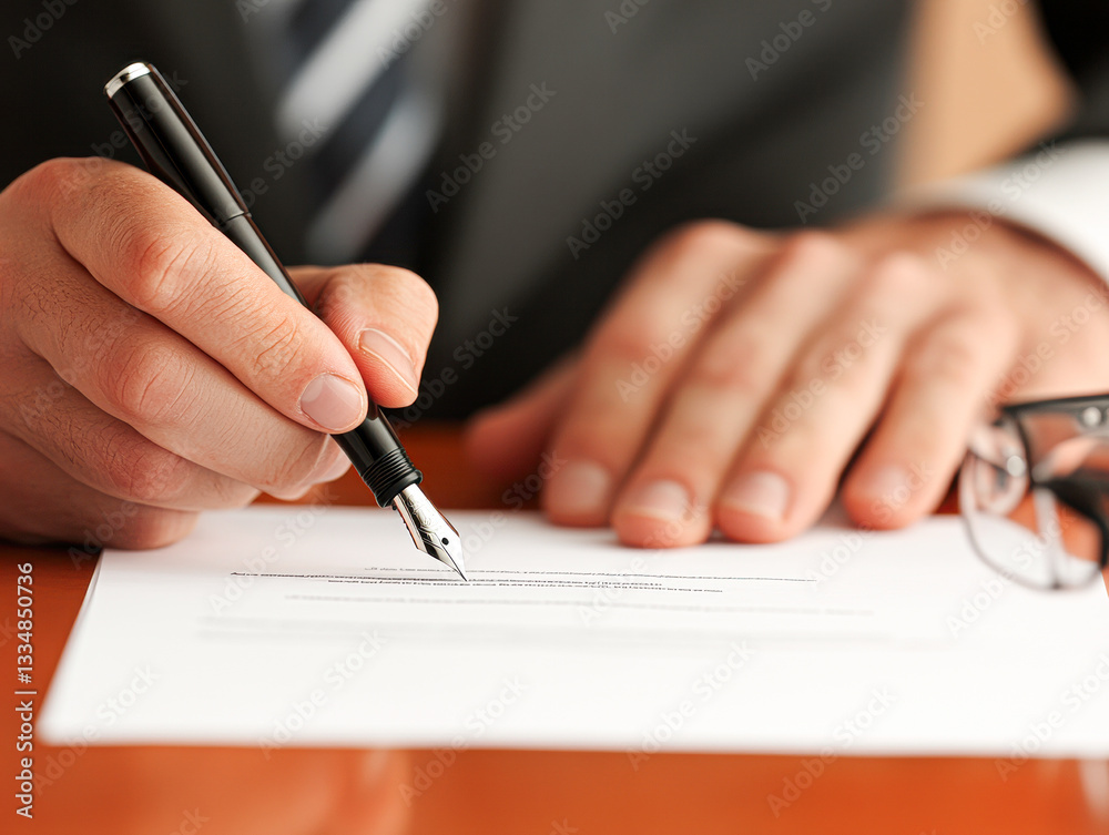 A hand writing on paper with a pen in a professional setting. A hand writing on paper with a pen in a professional setting.