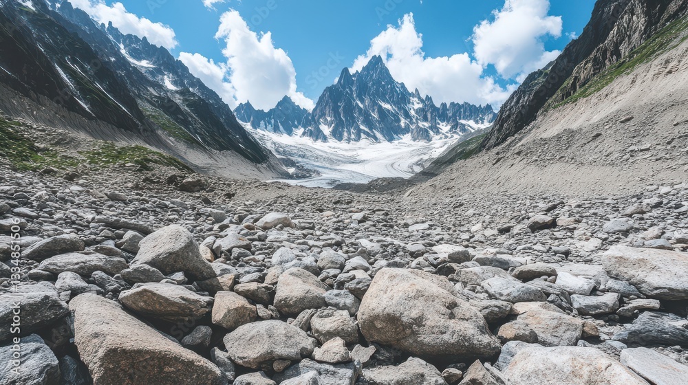 Obraz premium Majestic Mountain Landscape with Glacial Valley and Rocky Foreground