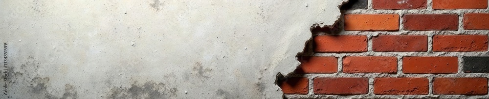 Obraz premium Crumbling plaster reveals a layer of damp brick wall, concrete, water damage