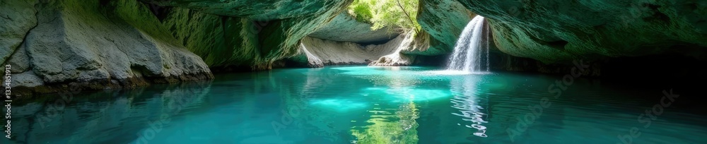 Fototapeta premium Crystal clear cave waters flow into a still pool, greenery, clear, clean