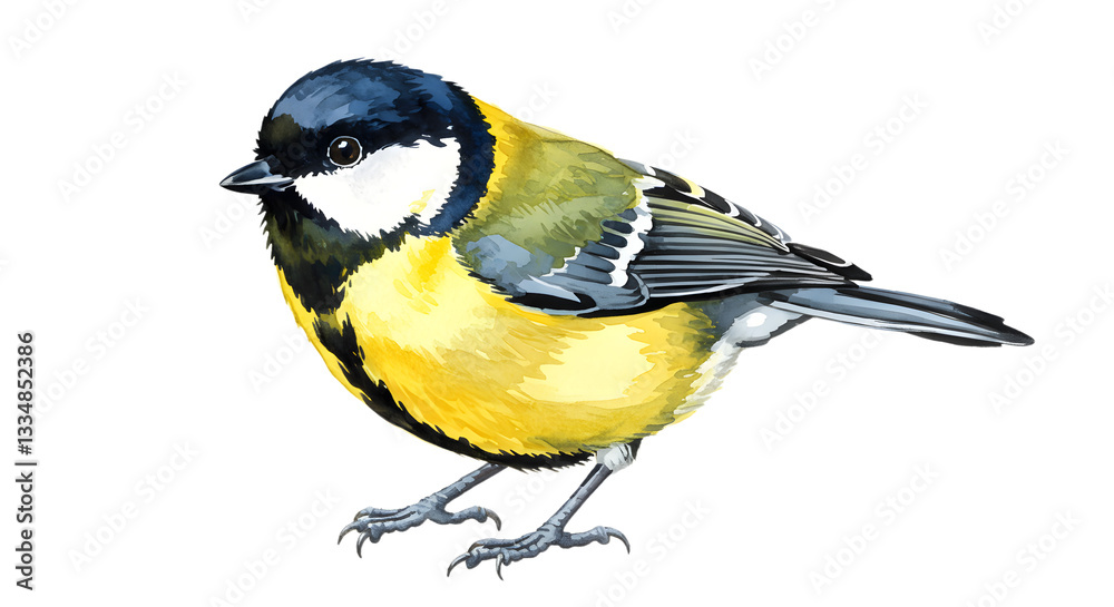 Obraz premium Watercolor painting of a great tit bird with detailed feather texture