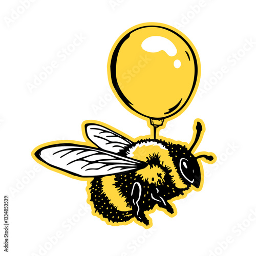 bee with a balloon, bumblebee cute sticker illustration