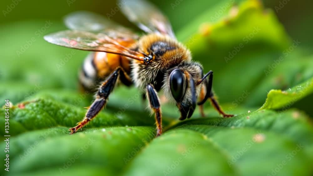 Macro Bee on Leaf - Pollination Importance - Educational Content Macro Bee on Leaf - Pollination Importance - Educational Content