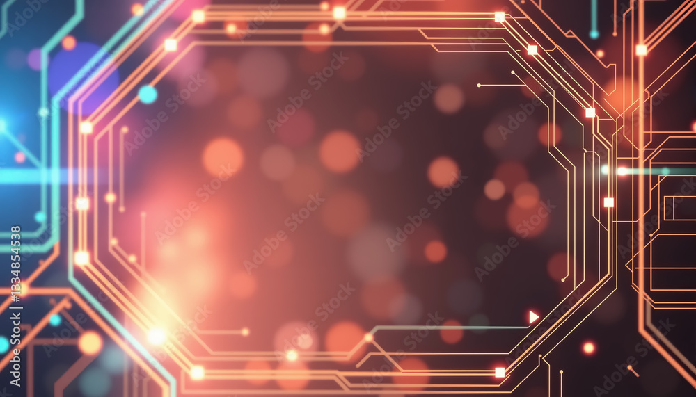 Obraz premium Abstract circuit board design with geometric patterns and glowing lights technology