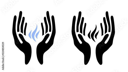 Artistic view of healing hands with energy flowing during practice, icon set with blue and black designs  