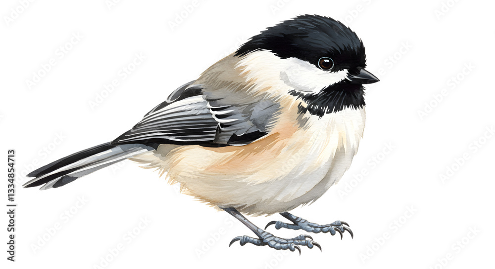 Obraz premium A meticulously painted chickadee illustration featuring delicate watercolor effects
