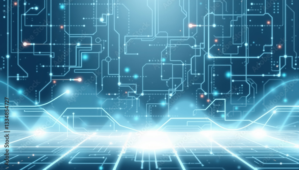 Abstract technology background with circuit board lines and glowing elements on blue backdrop Abstract technology background with circuit board lines and glowing elements on blue backdrop