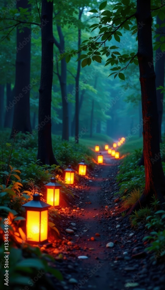 Glowing lanterns lining a winding forest path,, nature Glowing lanterns lining a winding forest path,, nature
