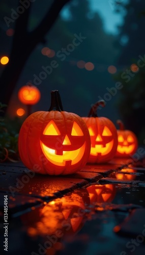 Wallpaper Mural glowing jack-o-lanterns on dark orange surface, lighting effects, glowing Torontodigital.ca