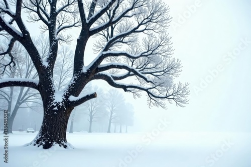 Large and sturdy branches on a snowy white background with frost, tree like, branchy
