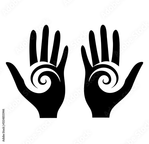 Healing hands icon with spiral symbol symbolising energy flowing during reiki or holistic practice