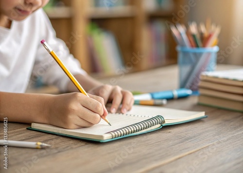 A close-up of a student's hand holding a pencil and writing in a notebook at a wooden desk. The background is blurred with books and school supplies