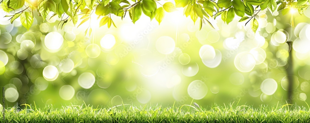 A vibrant spring garden with lush green grass and soft, blurred bokeh of foliage under sunny skies