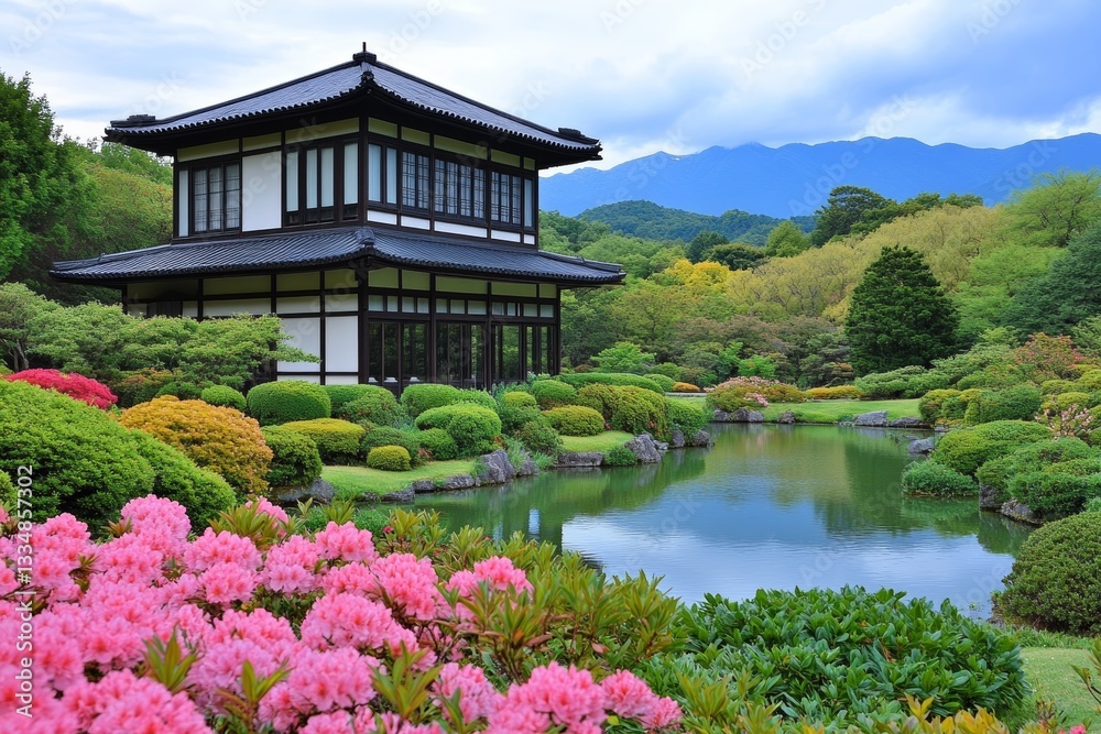 Japanese pavilion in serene garden with pond and mountains Japanese pavilion in serene garden with pond and mountains