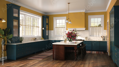 Traditional English American Country Kitchen 3. 3D illustration