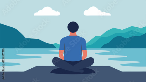 Mindful Meditation An individual sitting crosslegged on a rock near a serene lake eyes closed with soft waves lapping at the shore symbolizing tranquility and the practice of