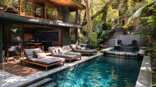 Wallpaper Mural Luxurious modern house with a private swimming pool surrounded by lush greenery and tropical plants offering a relaxing and tranquil escape Torontodigital.ca