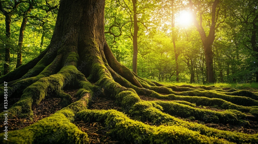 Obraz premium Lush Green Forest Tree Roots Covered in Moss in Spring